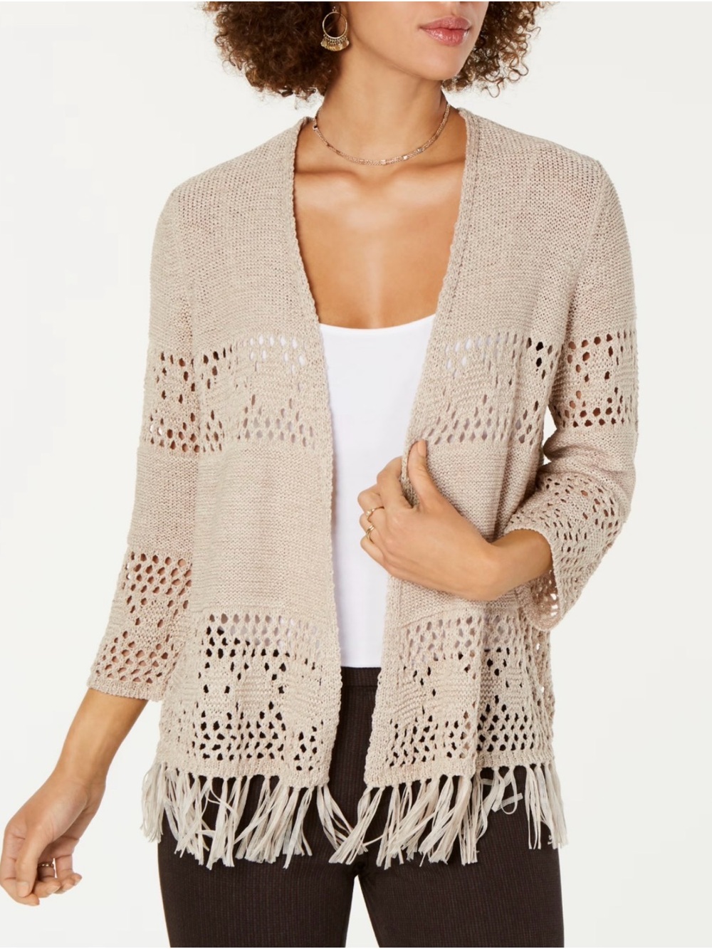 Style & Co. Open-Front Fringe Knit Cardigan - Beige